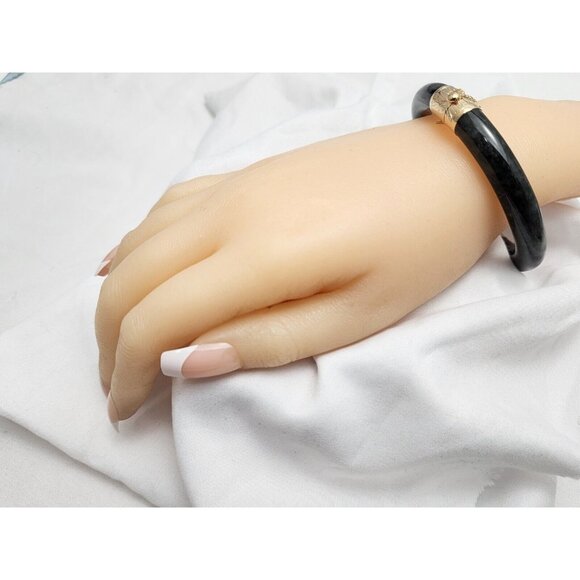 14K Solid Yellow Gold Textured Black & Grey Jade Jadeite Bangle Bracelet 7" L - Picture 3 of 13